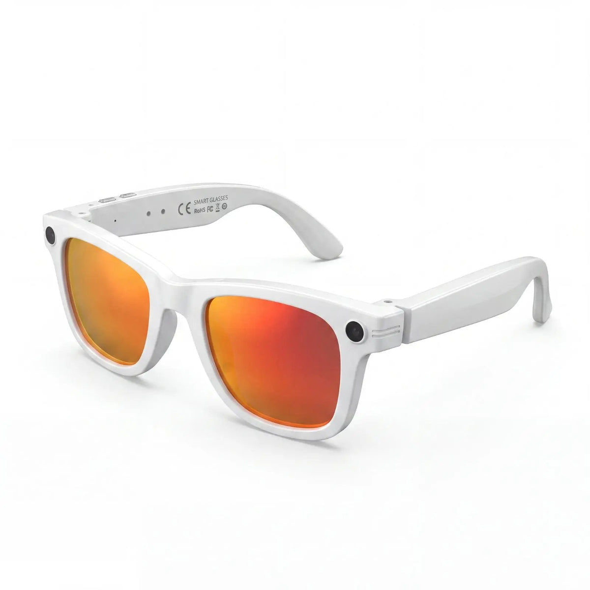 Clip camera glasses, white frame with orange mirror lenses, three-quarter view
