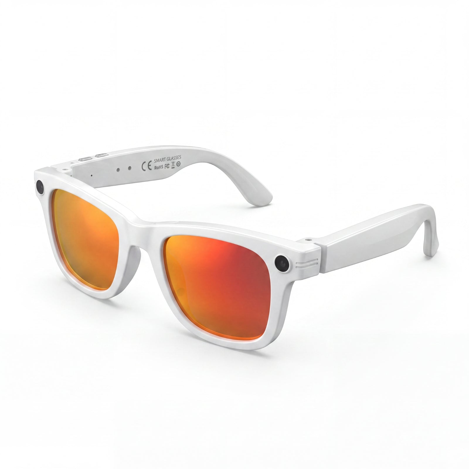 Clip camera glasses, white frame with orange mirror lenses, three-quarter view