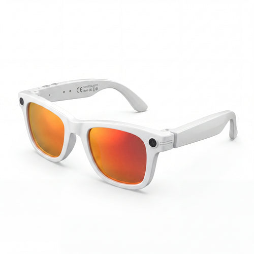 Clip camera glasses, white frame with orange mirror lenses, three-quarter view