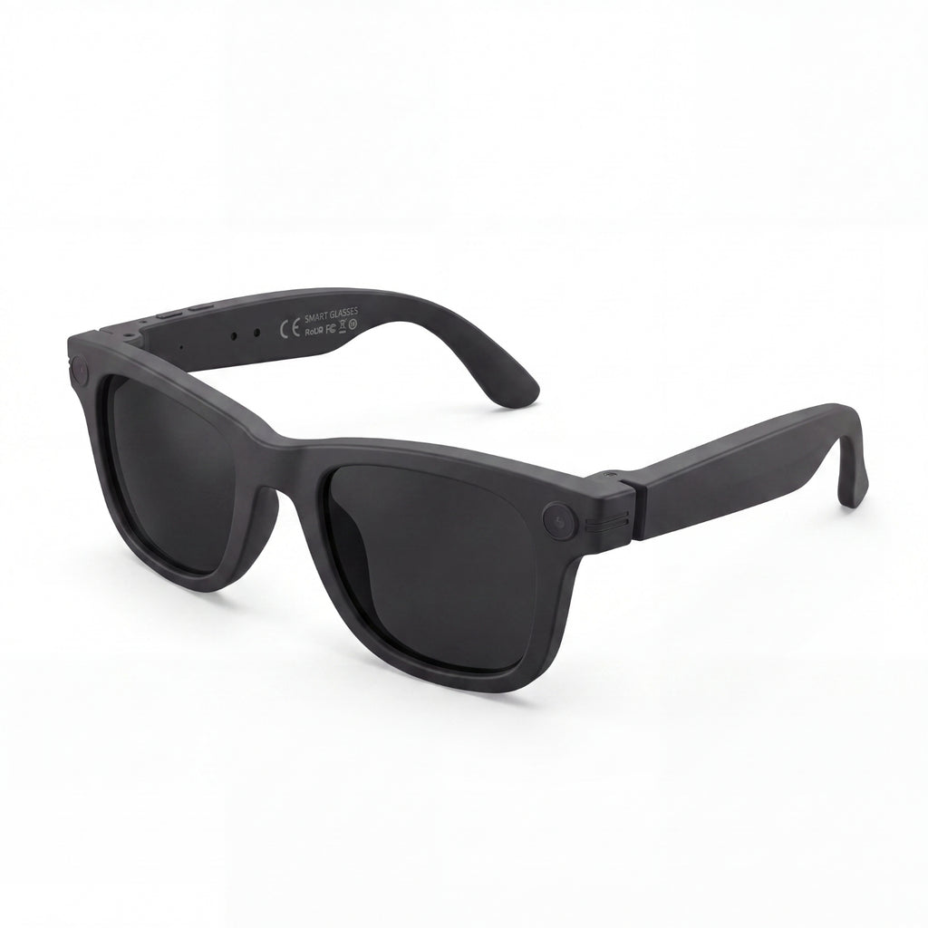 Clip camera glasses, matte black frame with dark lenses, three-quarter view