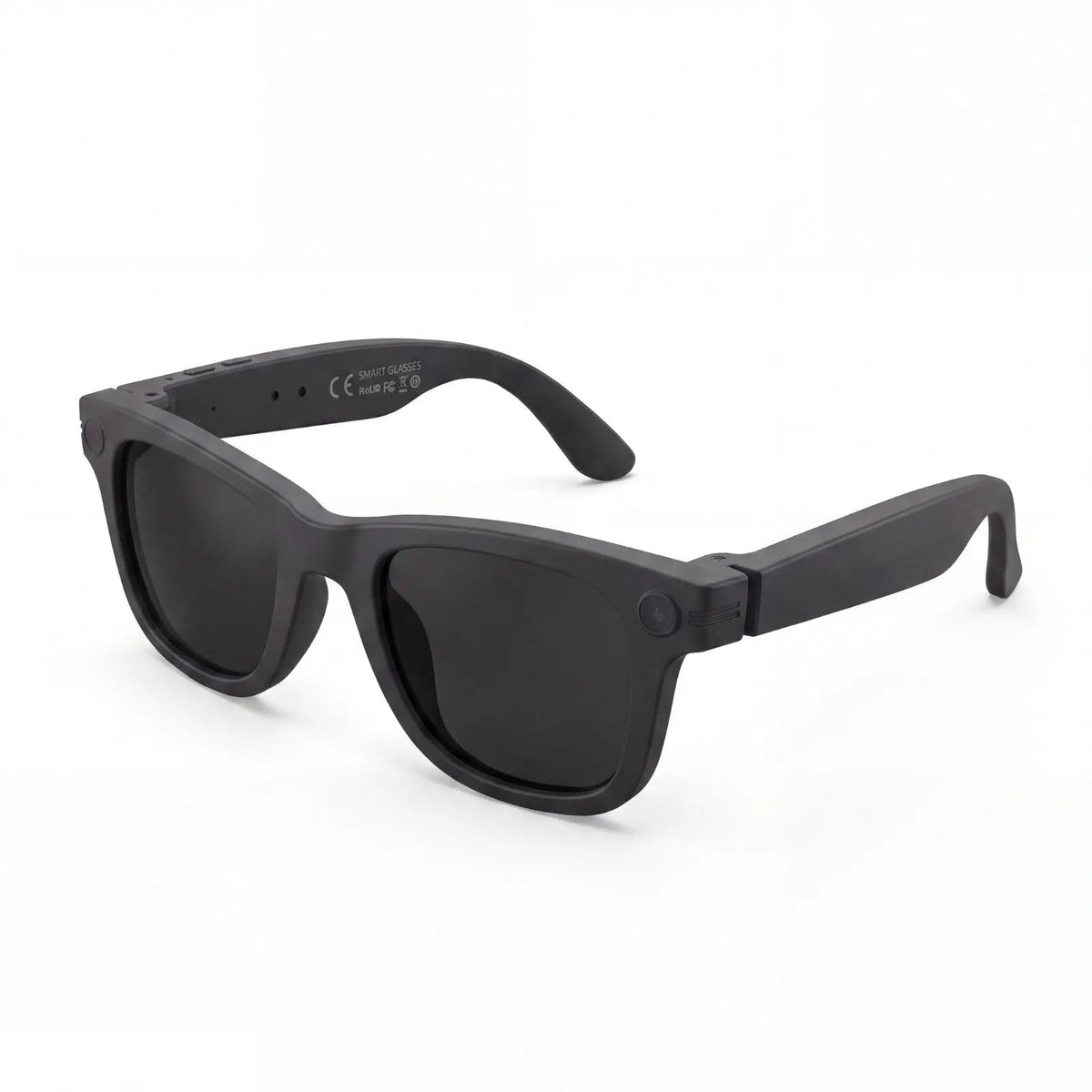 Clip camera glasses, matte black frame with dark lenses, three-quarter view