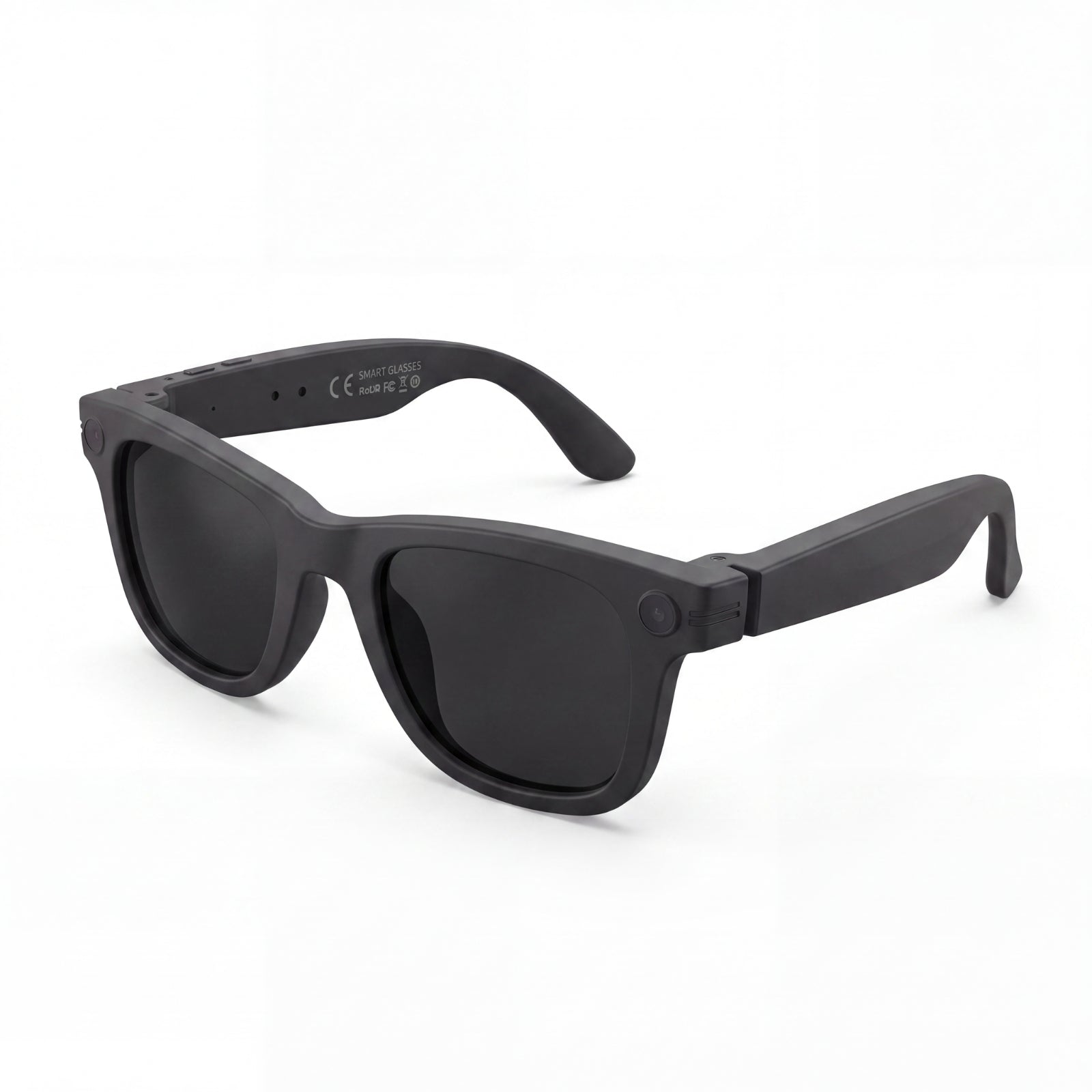Clip camera glasses, matte black frame with dark lenses, three-quarter view