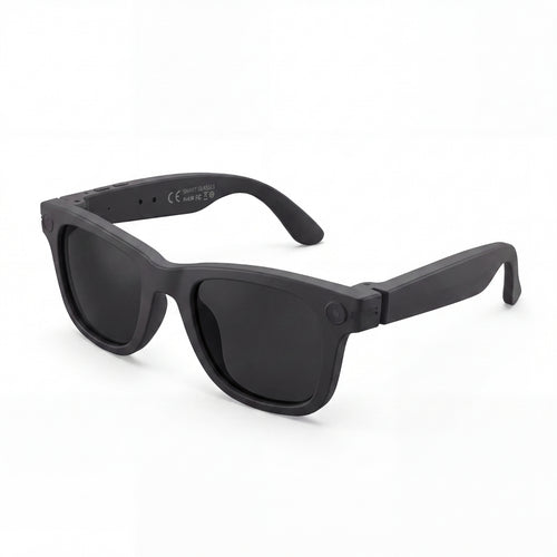 Clip camera glasses, matte black frame with dark lenses, three-quarter view