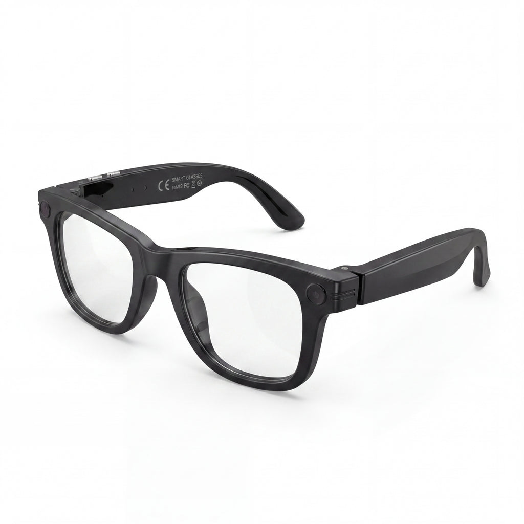 Clip camera glasses, black frame with clear lenses, three-quarter view
