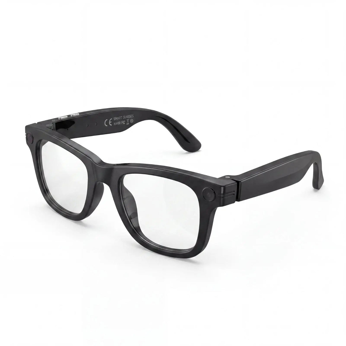 Clip camera glasses, black frame with clear lenses, three-quarter view