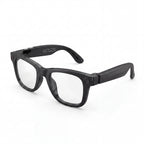 Clip camera glasses, black frame with clear lenses, three-quarter view