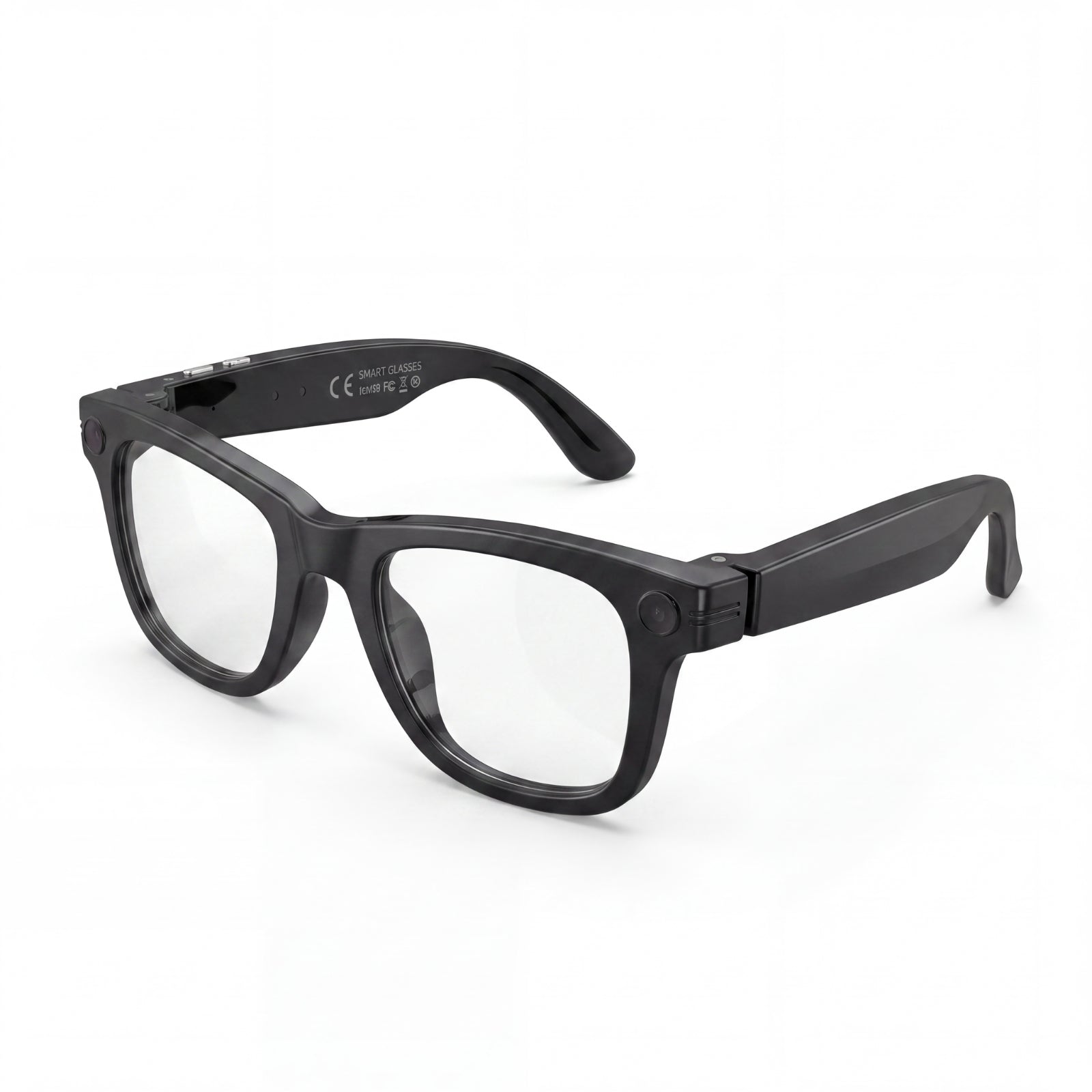 Clip camera glasses, black frame with clear lenses, three-quarter view