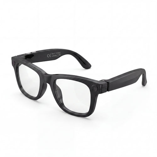 Clip camera glasses, black frame with clear lenses, three-quarter view