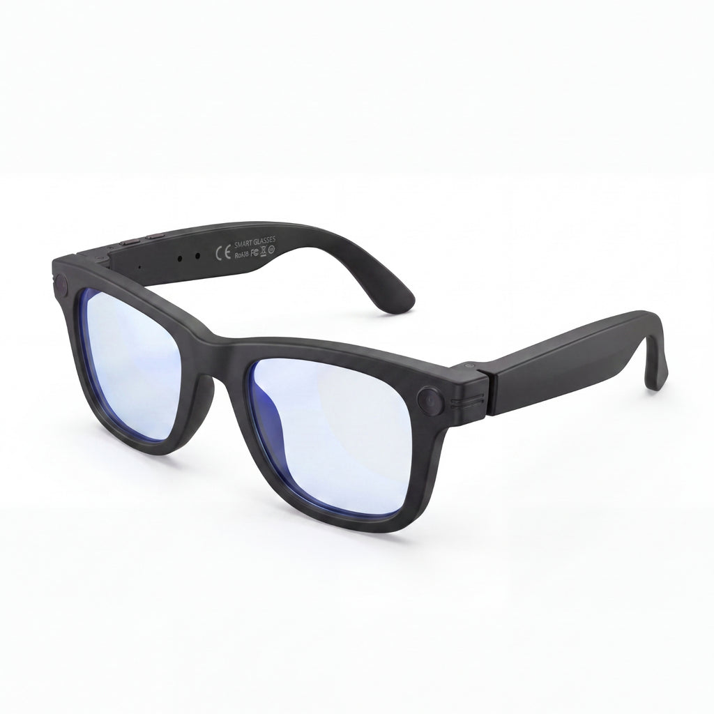 Clip camera glasses, black frame with blue light filter lenses, three-quarter view