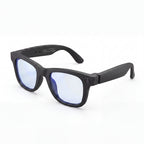 Clip camera glasses, black frame with blue light filter lenses, three-quarter view