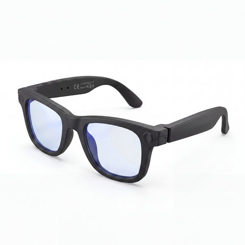 Clip camera glasses, black frame with blue light filter lenses, three-quarter view