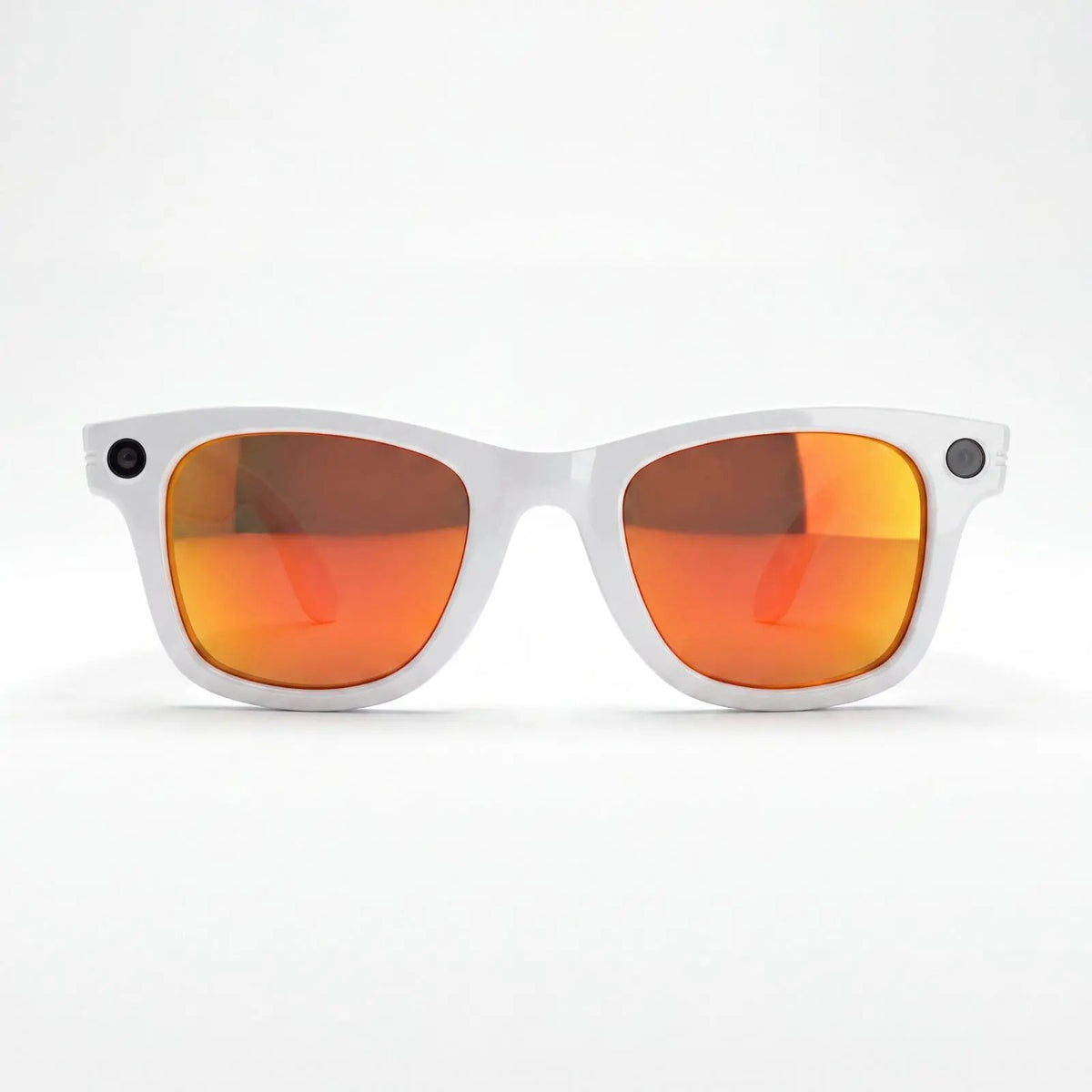 Front view of white Clip camera glasses with orange mirror lenses showing camera and recording light