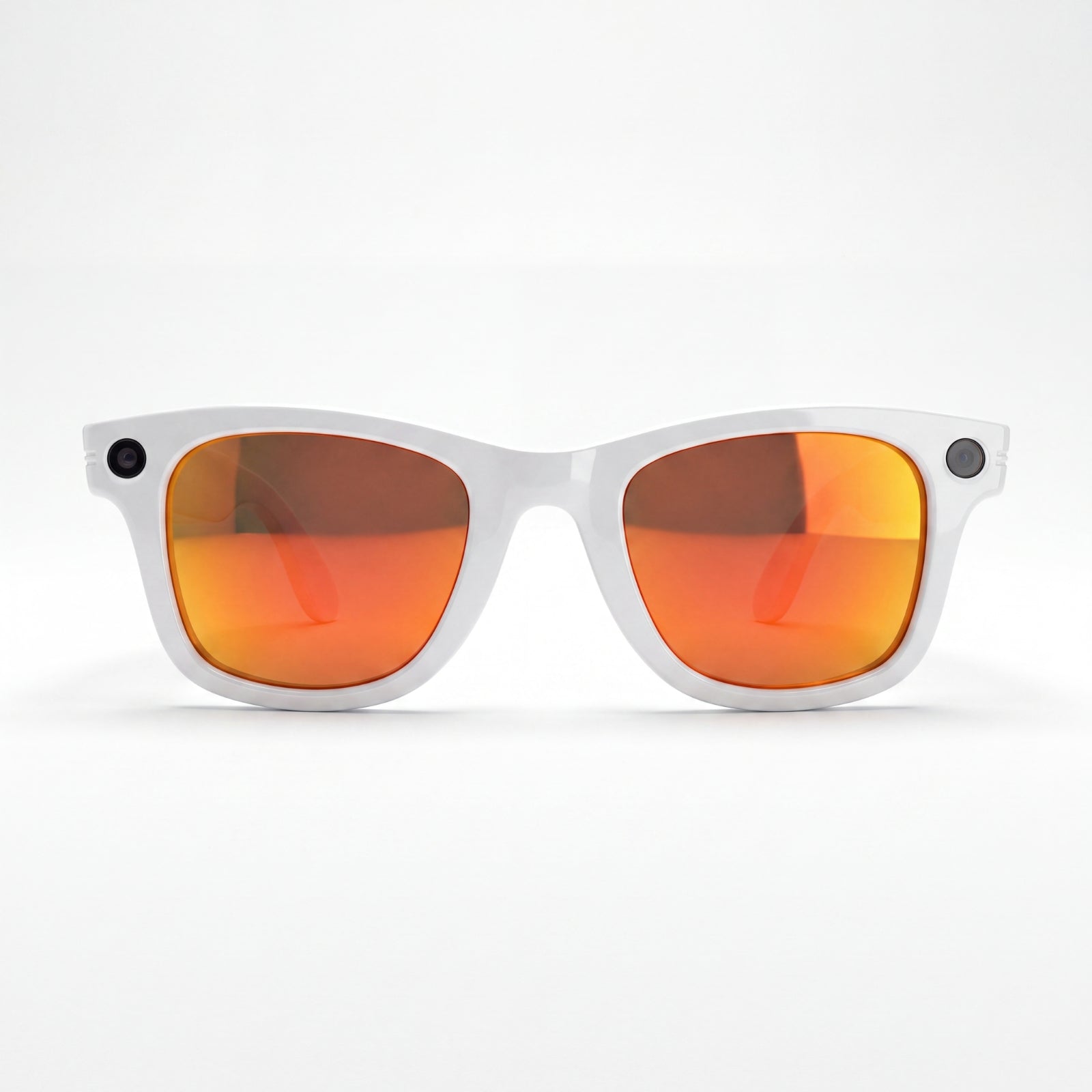 Front view of white Clip camera glasses with orange mirror lenses showing camera and recording light