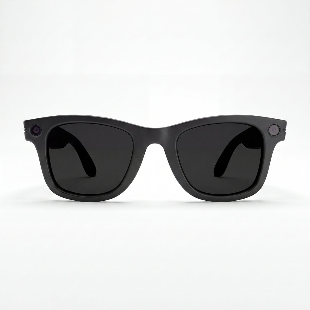 Front view of matte black Clip camera glasses showing camera and recording light