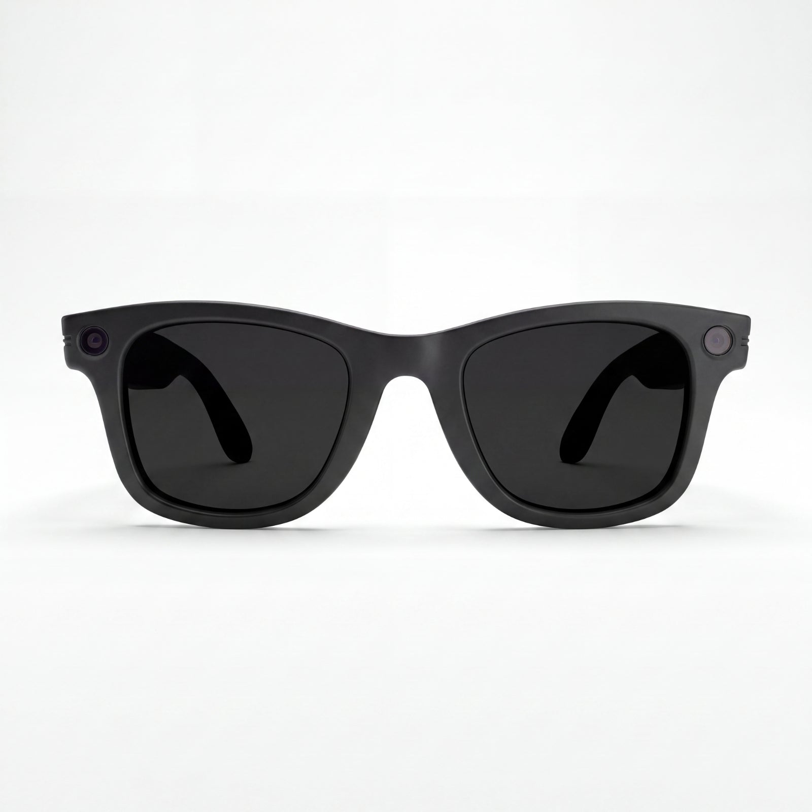Front view of matte black Clip camera glasses showing camera and recording light