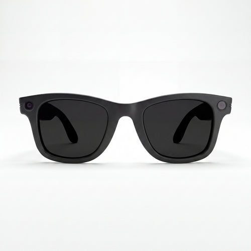 Front view of matte black Clip camera glasses showing camera and recording light