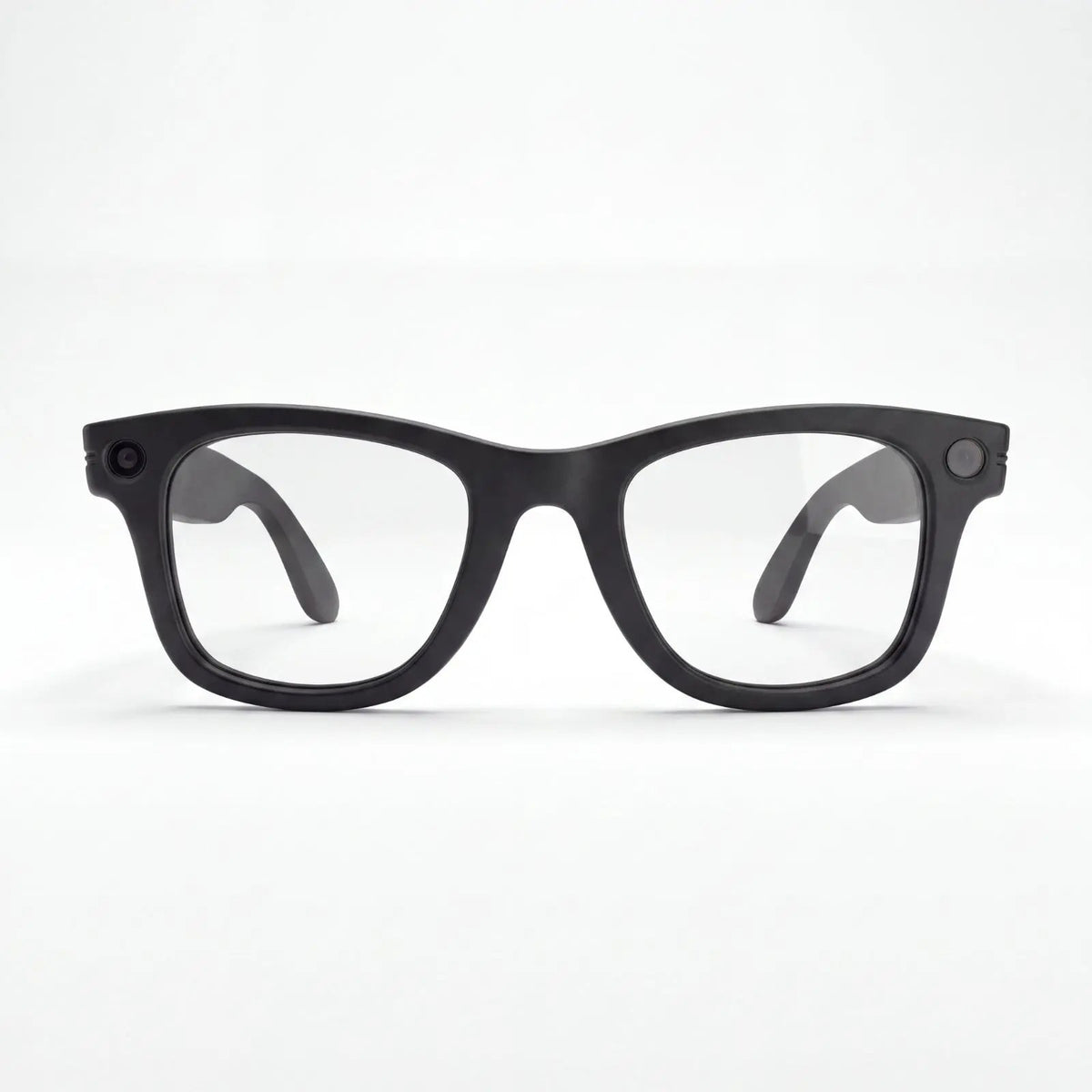 Front view of black Clip camera glasses with clear lenses showing camera and recording light