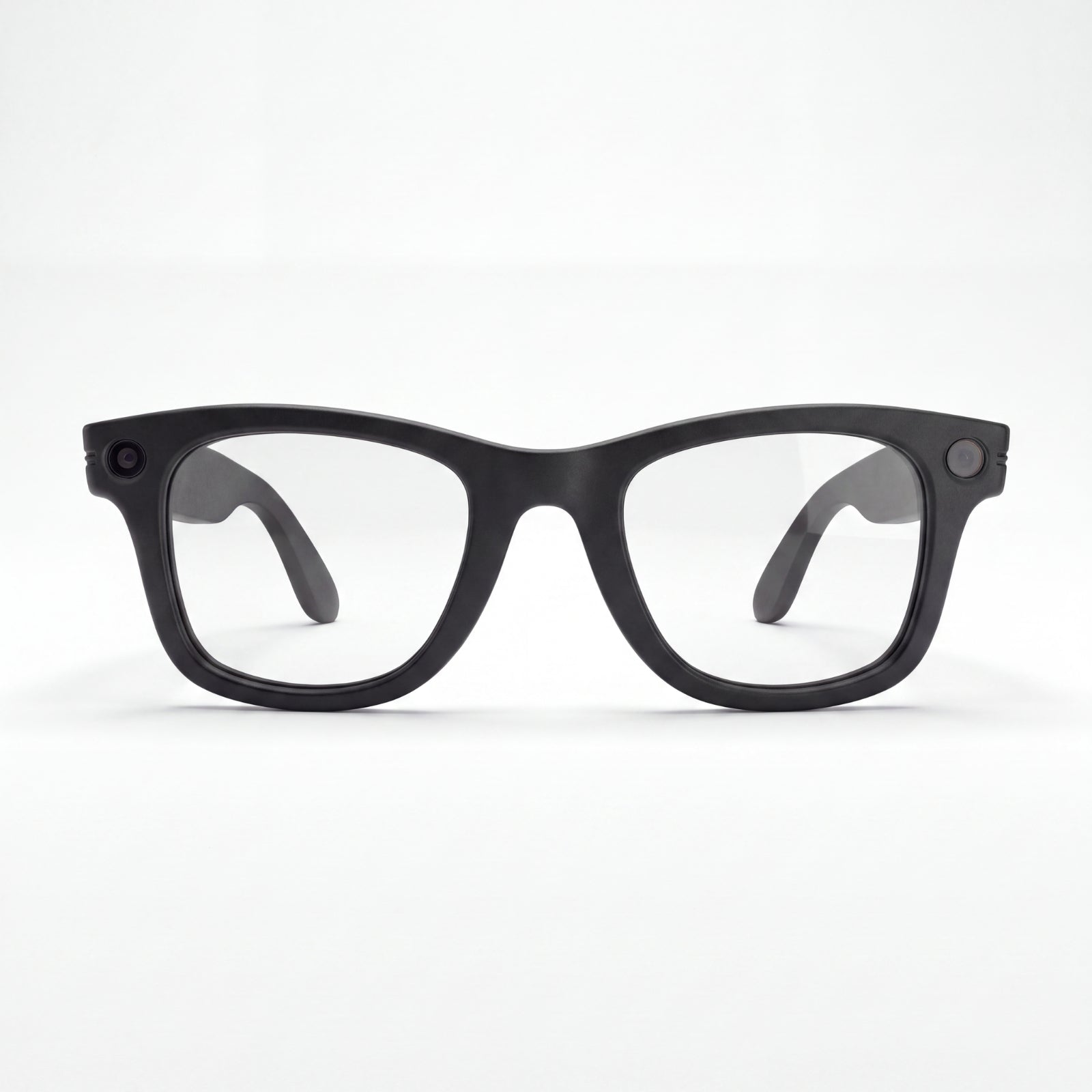 Front view of black Clip camera glasses with clear lenses showing camera and recording light