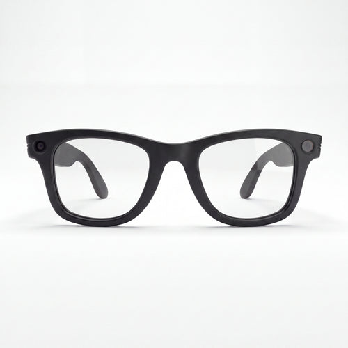 Front view of black Clip camera glasses with clear lenses showing camera and recording light