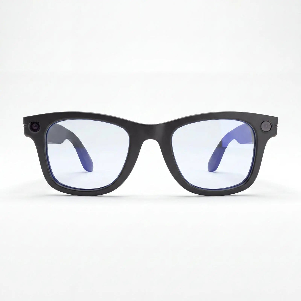 Front view of black Clip camera glasses with blue light filter lenses showing camera and recording light