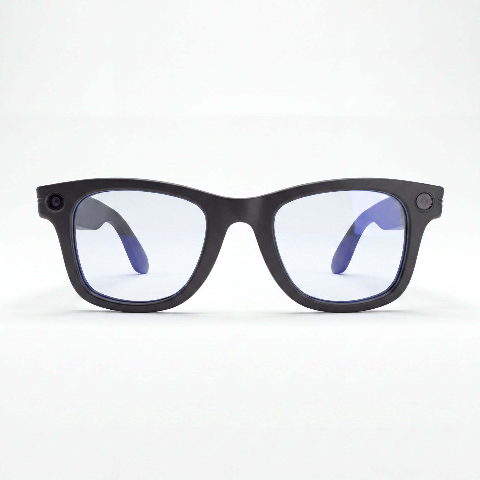 Front view of black Clip camera glasses with blue light filter lenses showing camera and recording light