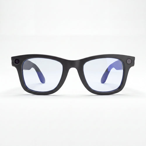 Front view of black Clip camera glasses with blue light filter lenses showing camera and recording light